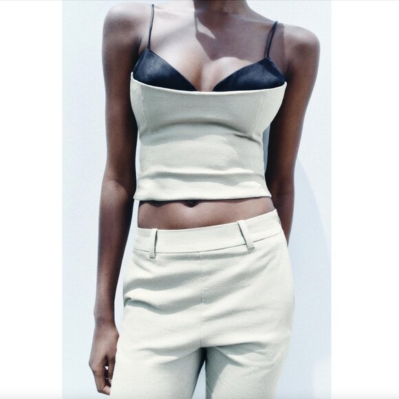 BLOGGER'S FAVE! Zara 2 Piece Flared Pants And Matching Tank Top Set Khaki NWT - Picture 4 of 14